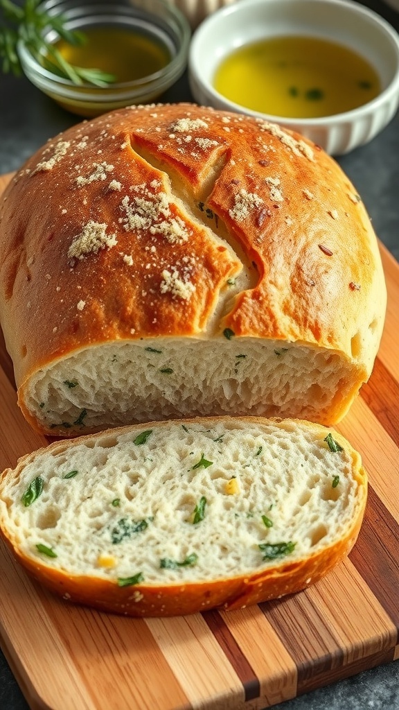 Parmesan Herb Sourdough Bread Recipe A golden-brown loaf of Parmesan herb sourdough bread on a wooden board, with slices revealing a soft interior.